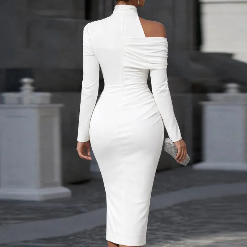 OL Style Elegant High Neck Ruched Party Dress Woman Sexy Off Shoulder Hollow Slit Midi Dress Spring Long Sleeve Solid Boho Dress - Kimlud