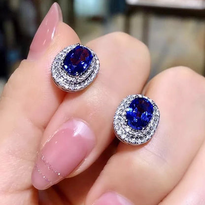 Huitan Gorgeous Blue Cubic Zircon Stud Earrings Temperament Oval Shaped CZ Earrings Wedding Engagement Fashion Jewelry...