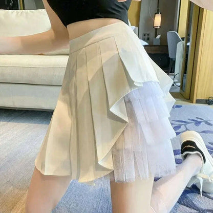 Pleated Skirts Women Chic Summer Party All-match Schoolgirls Clothing Vintage Slim Simple Pure Faldas Ulzzang Y2k Mesh Design
