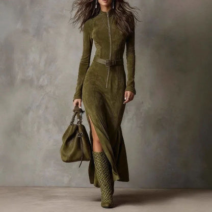 Autumn Long Sleeve Slim Bodycon Dress Woman Vintage Solid Zipper Mermaid Long Evening Dress Elegant O Neck Side Split Maxi Dress