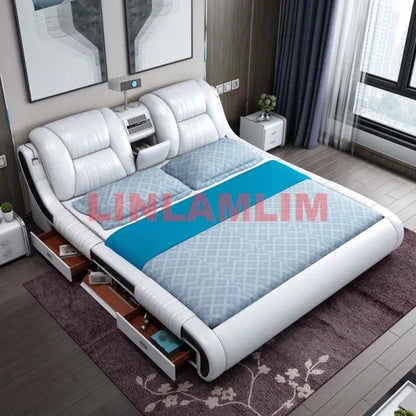 BJ Genuine Leather Bed Multifunctional Beds Ultimate Massage Camas With Bluetooth,Speaker,Safe,Air Cleaner, Projector,Drawers