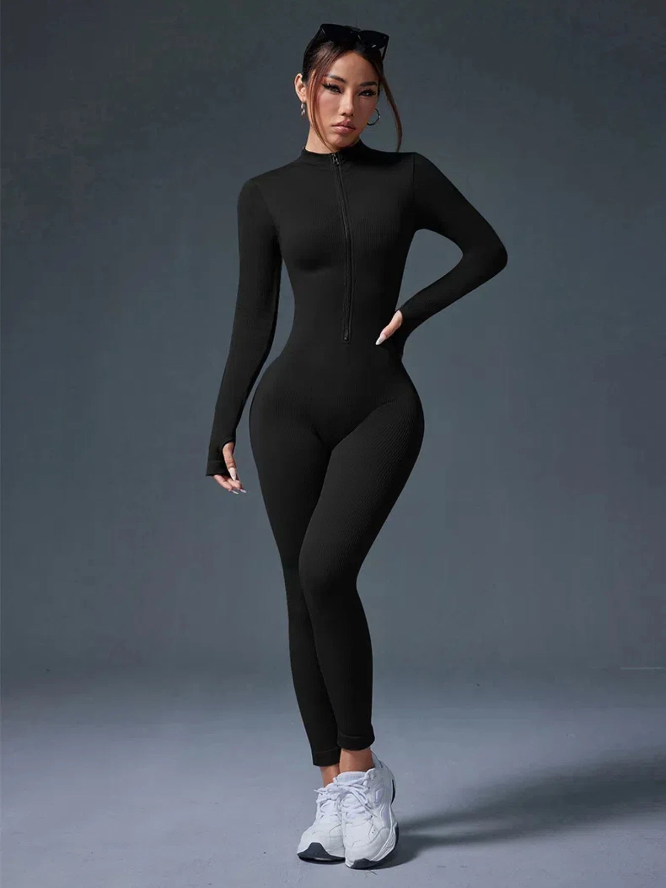 Half Zip Jumpsuit Women Gym Bodysuit Long Sleeve Activewear Set Running Workout Romper Fitness Overalls Sportswear Yoga Clothes