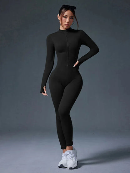 Half Zip Jumpsuit Women Gym Bodysuit Long Sleeve Activewear Set Running Workout Romper Fitness Overalls Sportswear Yoga Clothes