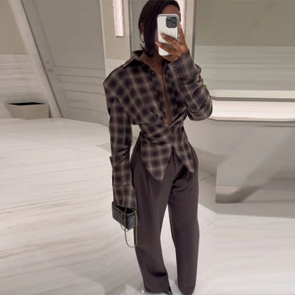 Women Chic Design Sense Plaid Shirt Fashion Casual Waist Cinched Slim Fit Long Sleeved Sexy Shirts  Autumn Stylish Women Tops