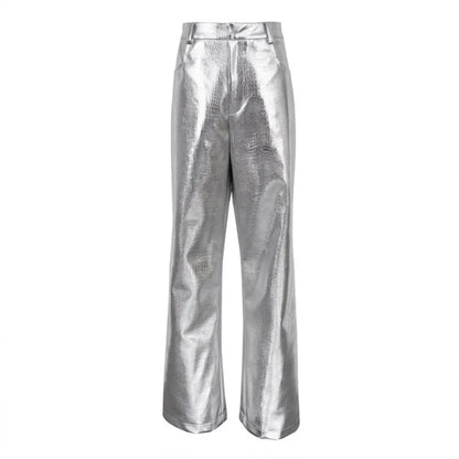 New 2024 Women's Elegant Y2K Silver High Waist Straight Pants Long Trousers Streetwear Autumn Winter Women PU Leather Pants