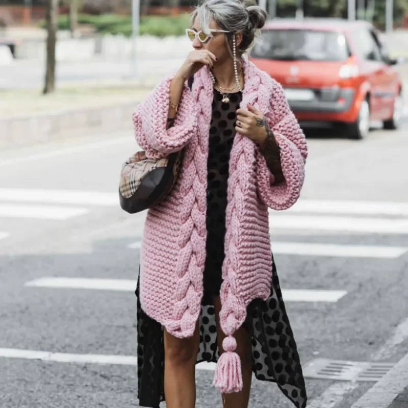 Hand-woven Split Wild Tassels Hook Twist Sweater Coat Crocheted Cardigan Autumn and Winter Thick Long Lantern Sleeve...