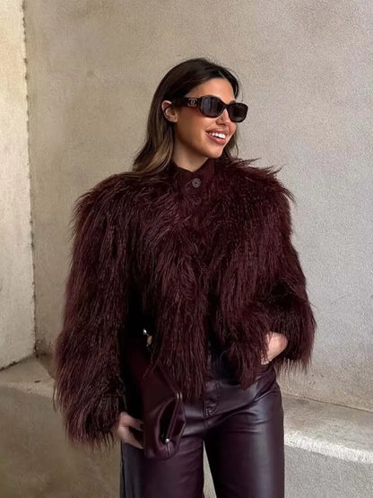 Faux Fur Knitted Short Coats Autumn And Winter Women Fashion O-Neck Jackets  2025 Elegant Office Ladies Casual Outerwear ﻿