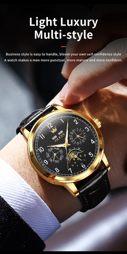 OLEVS 6698 Mens Watch Luxury Dress Brand Moon Phase Automatic Mechanical Watch For Men Leather Waterproof Dual Calendar...