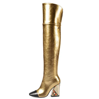 Colored Rhinestone Cowhide Mid Tube/knee Length Boots Thick Heeled Square Toe Black Gold Runway Runway Performance High Heels