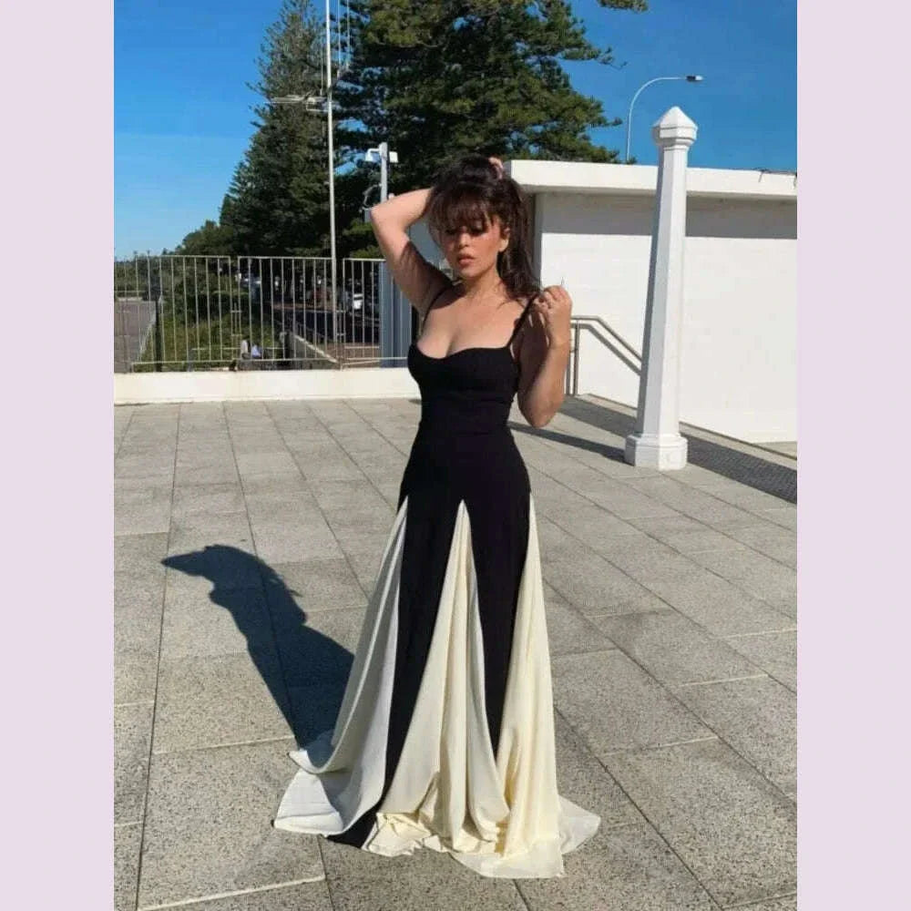 Elegant Black White Dress Color Clash Women Halter Backless Dresses Sleeveless High Waist Floor Length Dresses Party Gowns