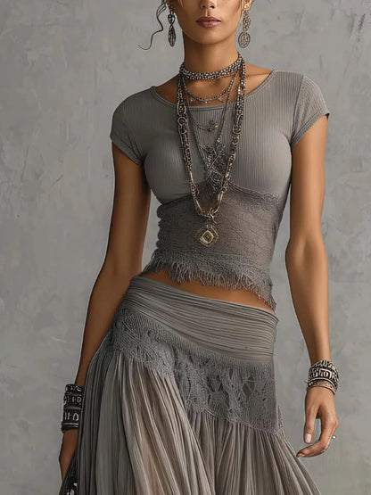 Chic Women Maxi Dress 2 Pieces Sets Solid Slim Fit Short Sleeved Top with Lace Splice Drawstring Elasticity High Waisted Skirt