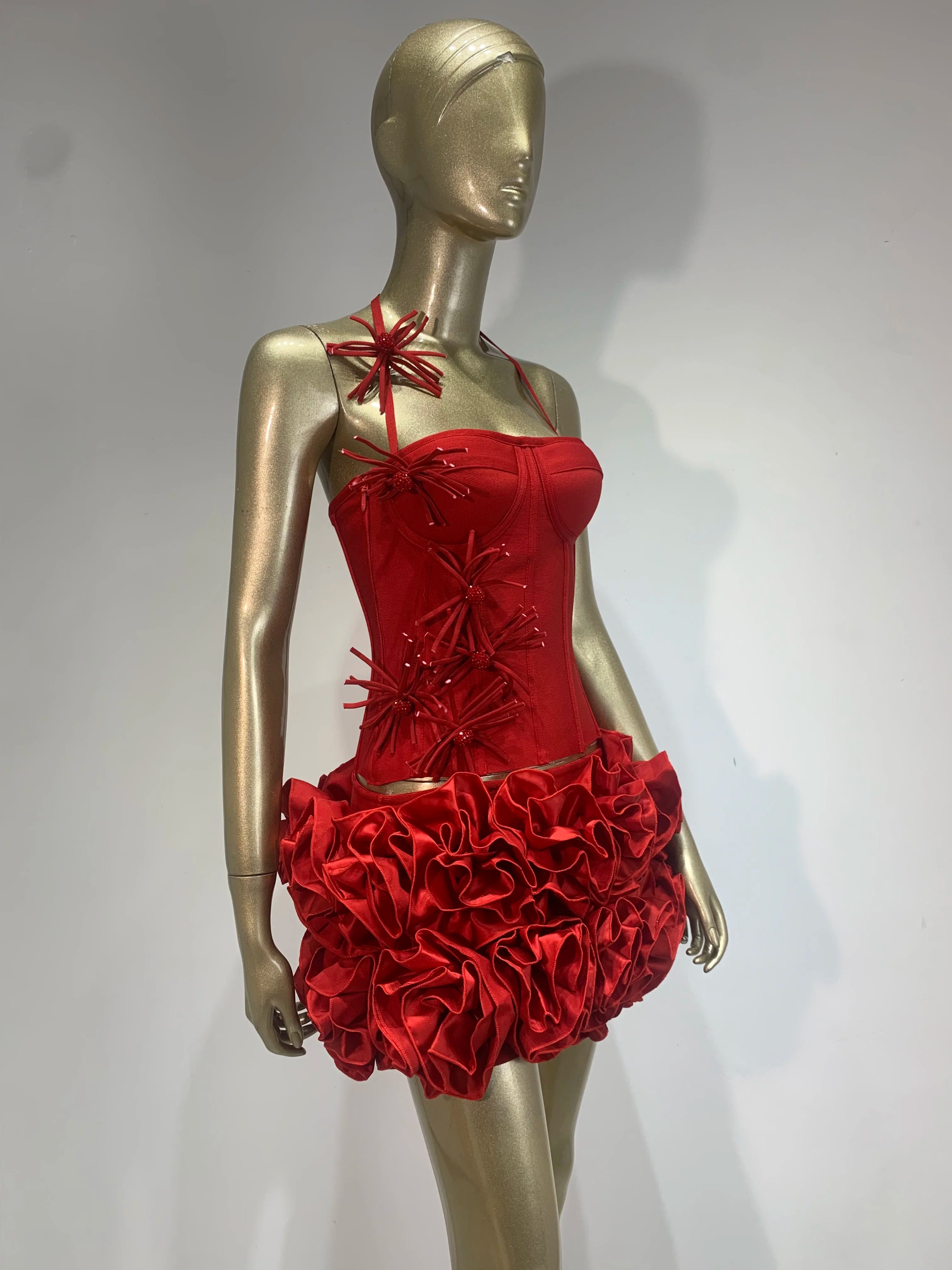 High End Fashion Women Red Bandage Outfit Halter Slash Neck Corset Top And Rose Mini Skirt Two Pieces Sets Evening Club Party