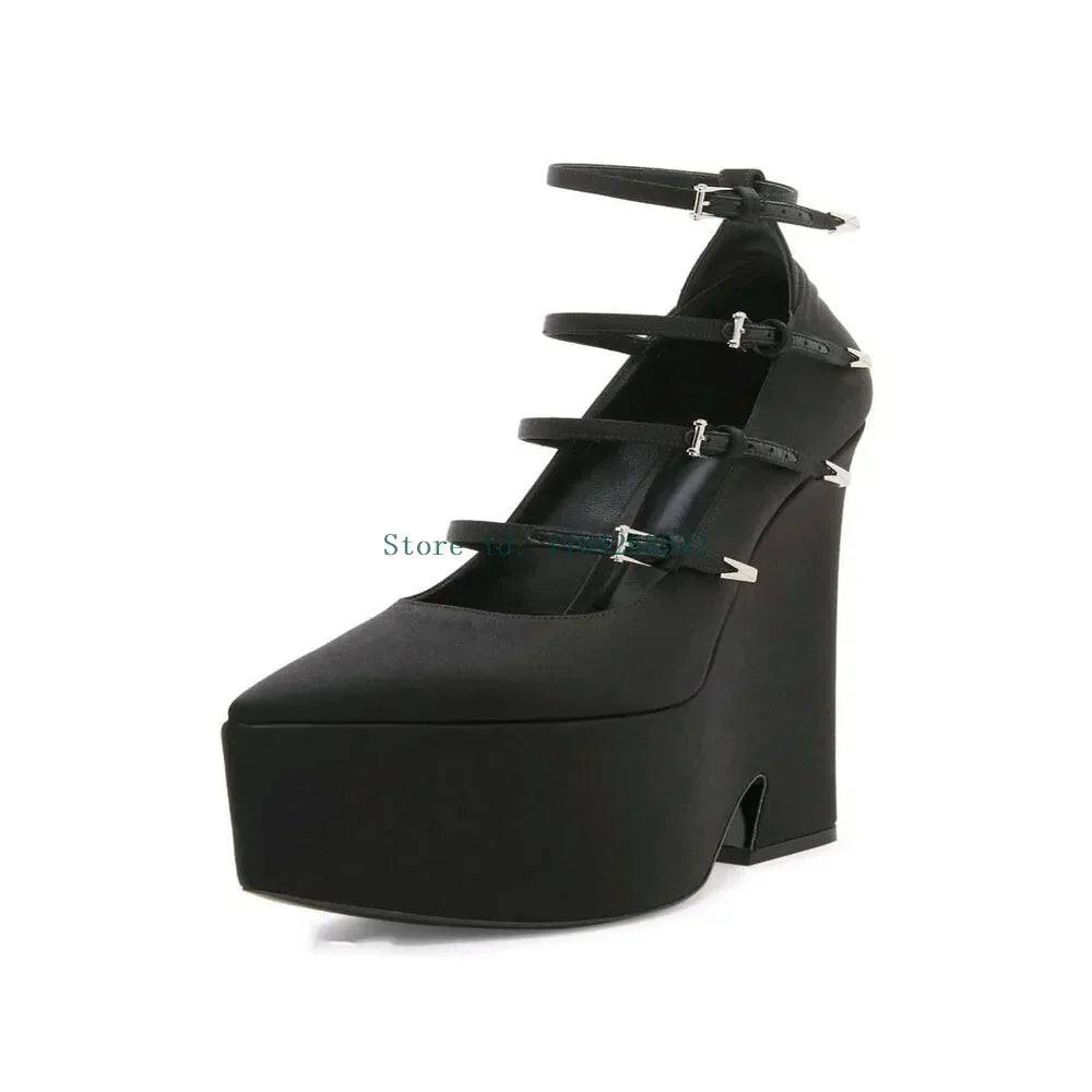 Platform Thick Heel Bucke Strap Pumps Sexy Pointed Toe Patent Leather New Arrivlas Fashion Women Modern Runway Shoes
