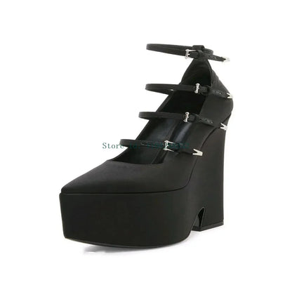 Platform Thick Heel Bucke Strap Pumps Sexy Pointed Toe Patent Leather New Arrivlas Fashion Women Modern Runway Shoes