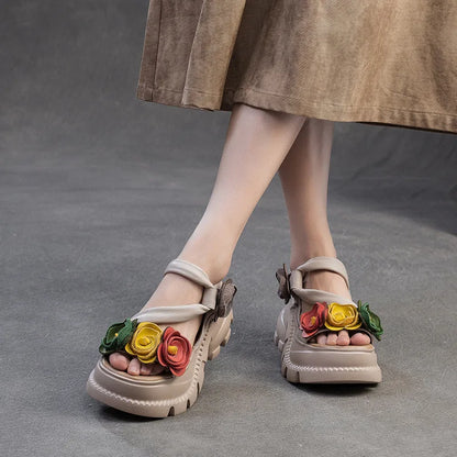 Koznoy 7cm Cow Genuine Leather Platform Wedge Women Summer Flower Slippers Pumps Hook Hollow Mary Jane Sandals Shoes Flats - Kimlud