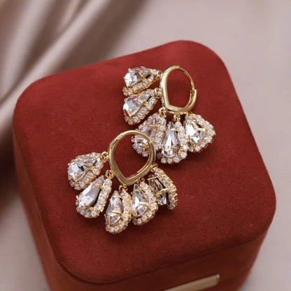 Korean new fashion jewelry 14K gold plated luxury water drop zircon tassel earrings elegant women's evening party...