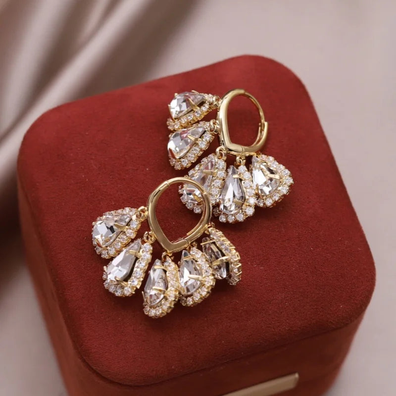 Korean new fashion jewelry 14K gold plated luxury water drop zircon tassel earrings elegant women's evening party...