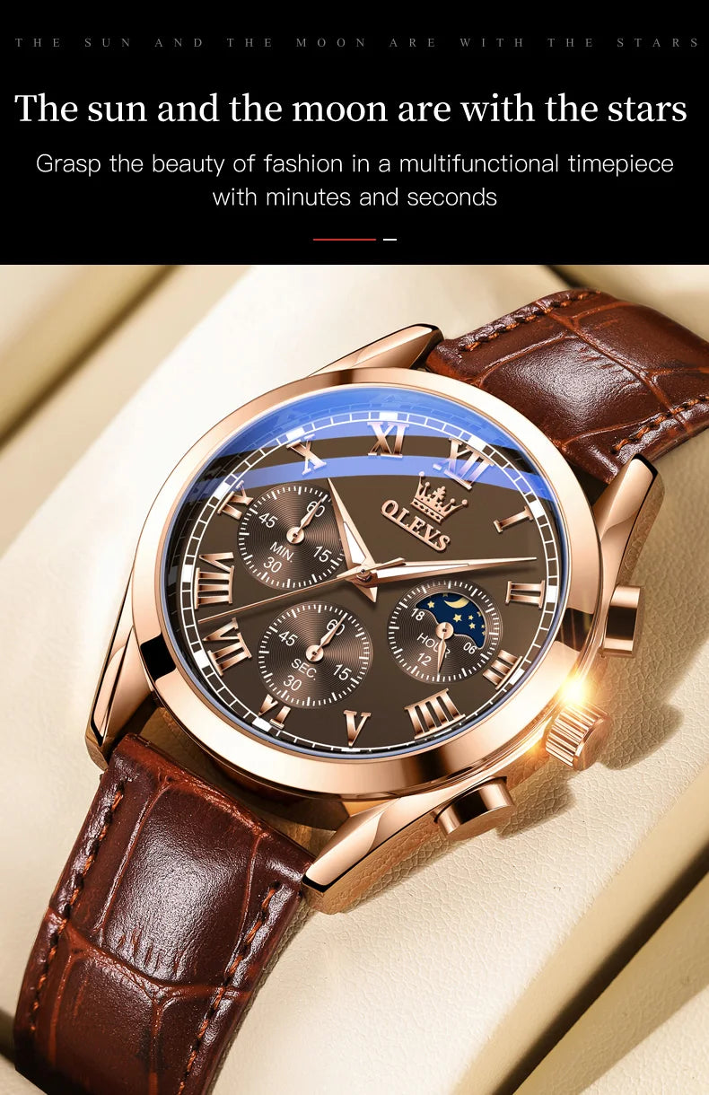 OLEVS 2871 Men Watch Original Brand Quartz Watch Multifunctional Chronograph Watch For Man Waterproof Luminous Moon Phase Watch - Kimlud