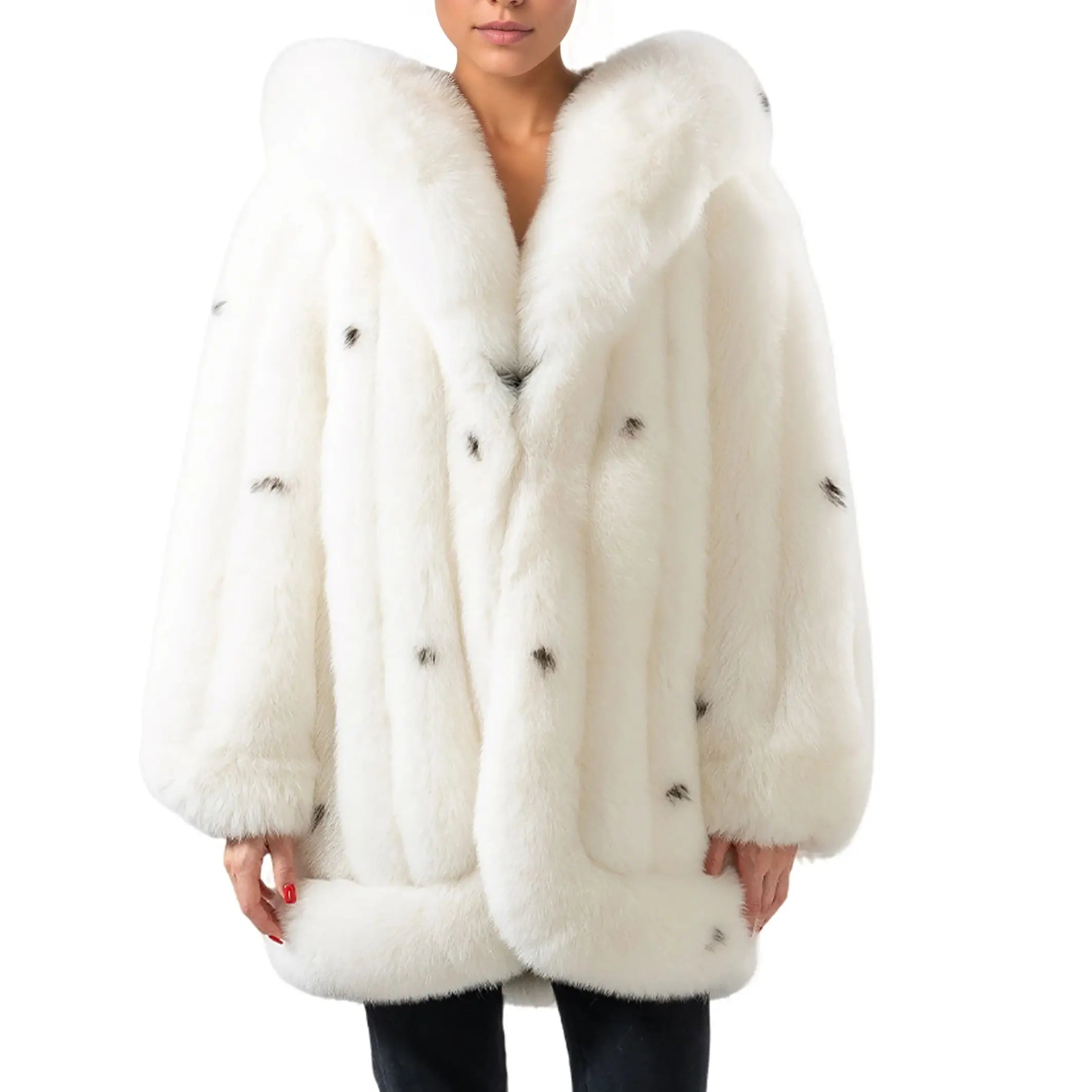 Polka Dot real fox fur coat with hood Mid-length overcoat 250465