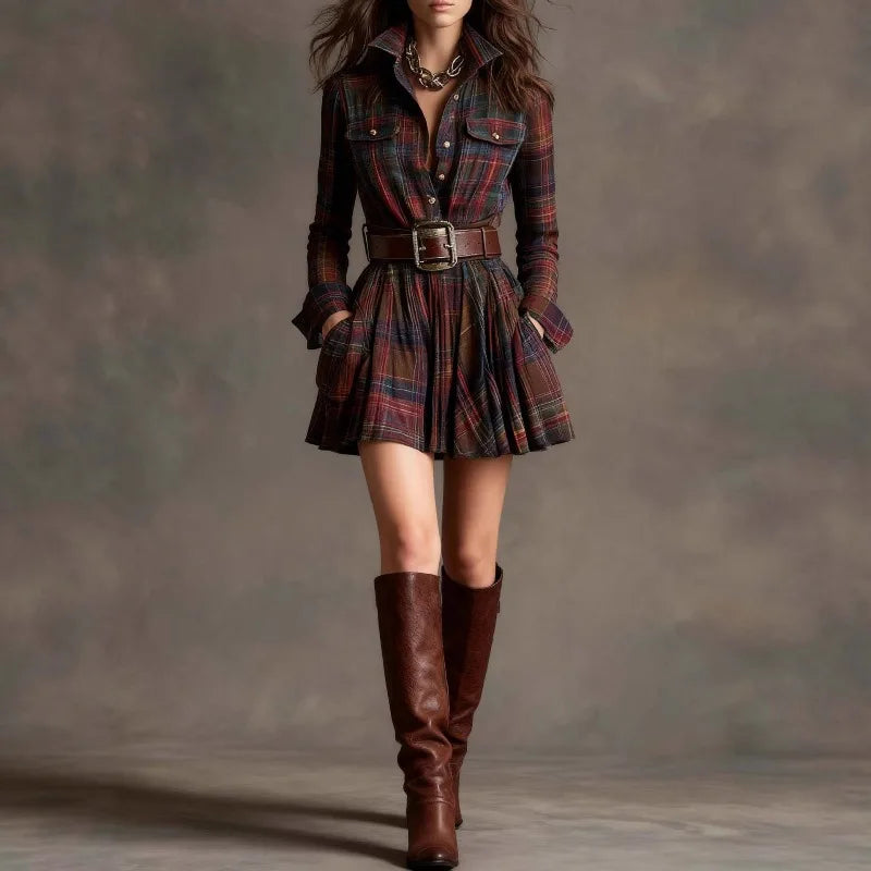 2025 European and American autumn new temperament plaid long-sleeved short skirt + belt, party dress, women's dress