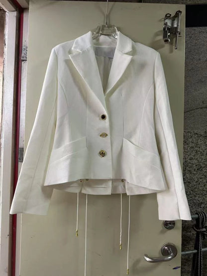 TWOTWINSTYLE Solid Spliced Lace Up Slimming Jackets For Women Lapel Long Sleeve Tunic Temperament Patchwork Button Coat Female - Kimlud