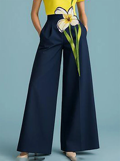 UOOZEE Women Casual Two Piece Sets Floral Printed Short Sleeves Yellow T-shirts & Elastic High Waist Wide Leg Loose Pants Suits - Kimlud