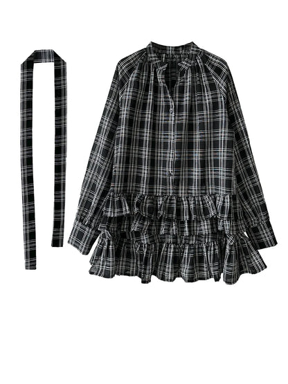 [EAM] Women Black Plaid Ruffles Big Size Elegant Blouse New V-neck Long Sleeve Shirt Fashion Tide Spring Autumn 2026...