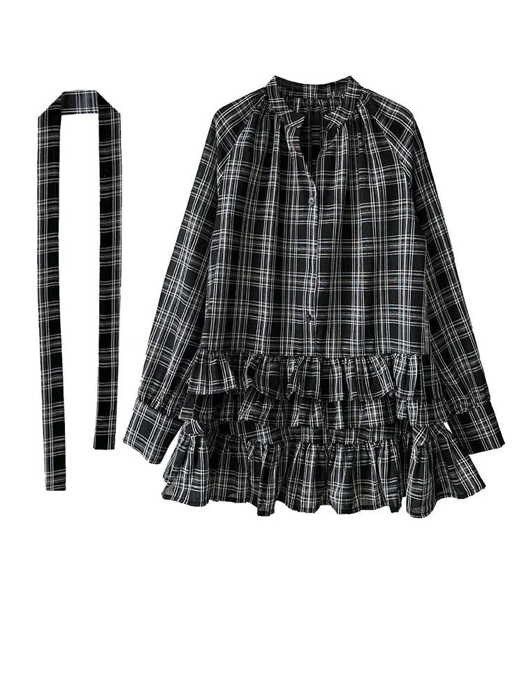[EAM] Women Black Plaid Ruffles Big Size Elegant Blouse New V-neck Long Sleeve Shirt Fashion Tide Spring Autumn 2026...