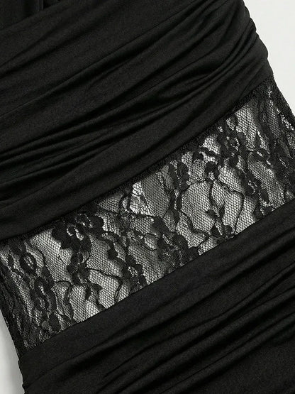 Sexy Sleeveless Halter Lace Patchwork Maxi Dress for Women Black Backless Ruched Elegant Dresses Celebrity Evening Party...