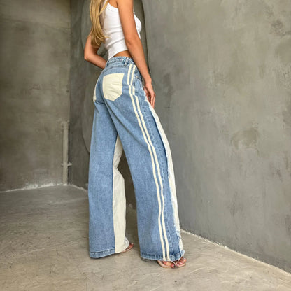 Street Splicing Jeans for Women's Autumn New Style Pants Contrast Striped Fringed Jeans | Kimlud Premium Pants