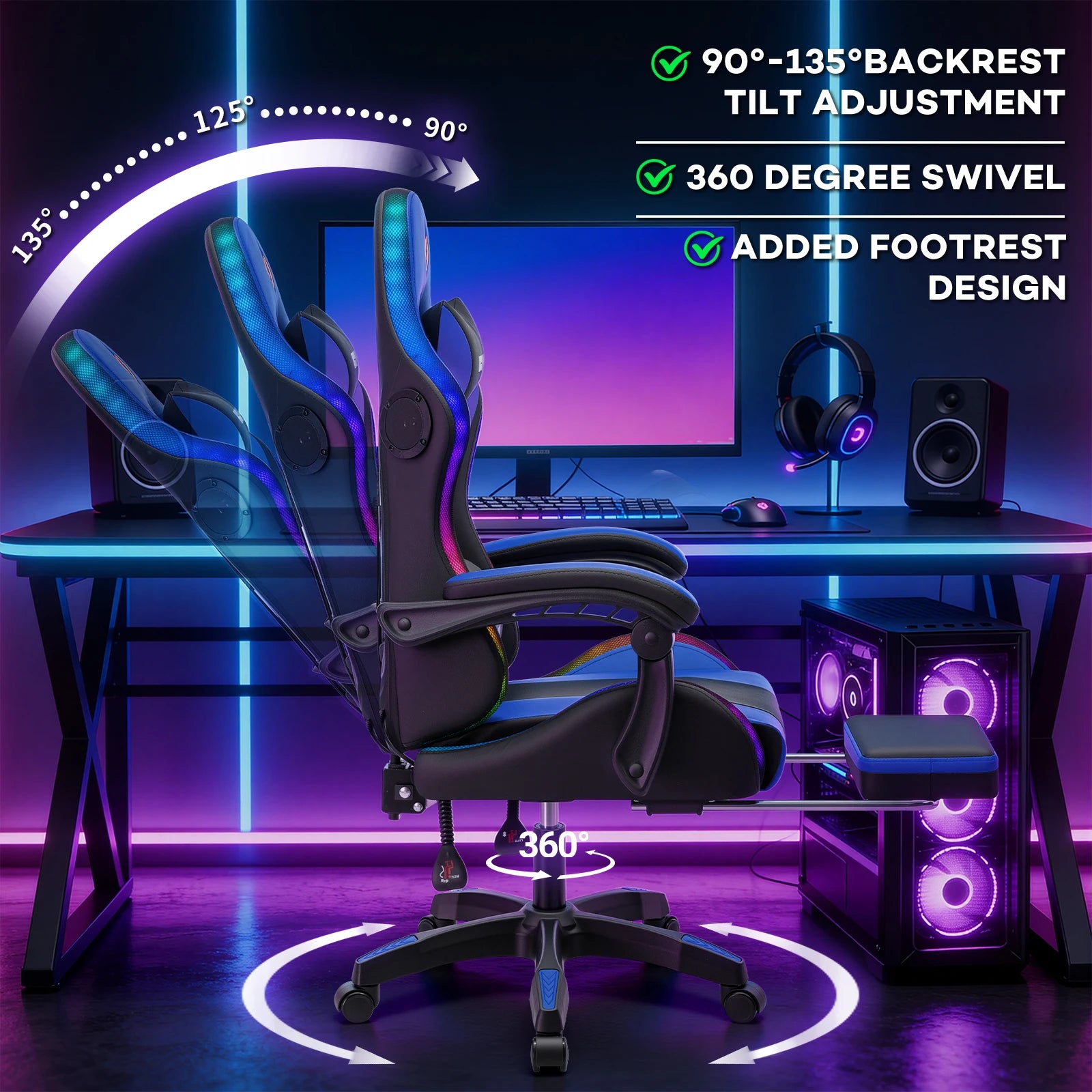 300lbs Load RGB Gaming Chair with Speakers Ergonomic Massage Computer Gaming Chair with LED Lights and Footrest High Back Video