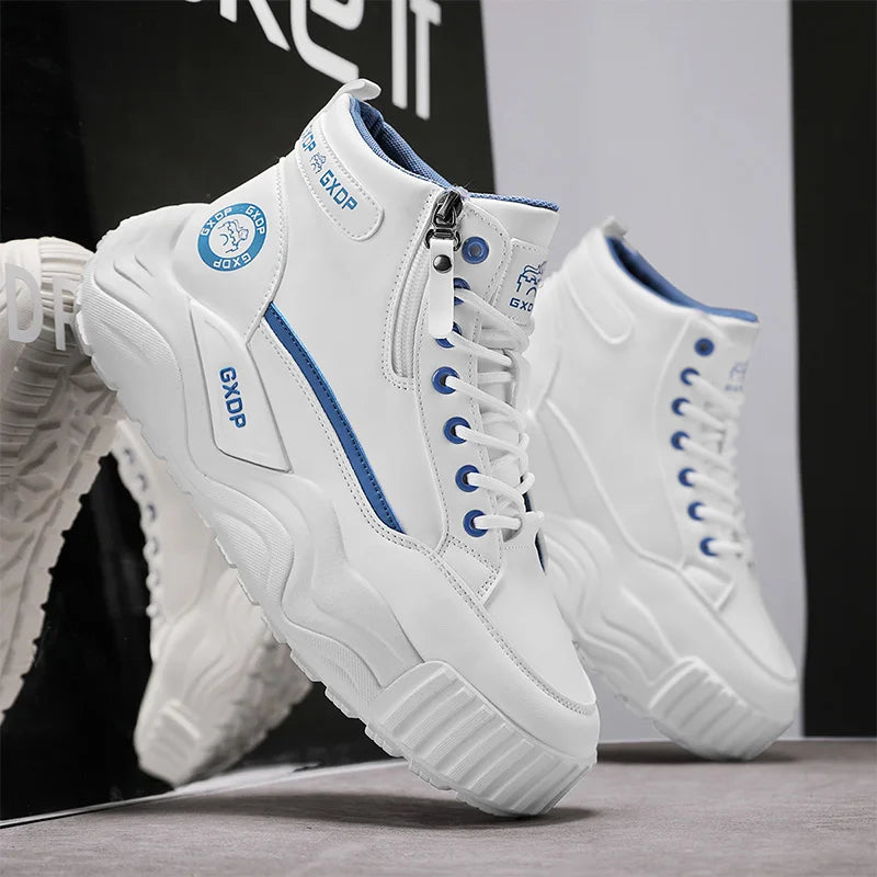 Men's High Top Leather Sneakers Thick Soled for Height Increase Slip Resistant and Wear Resistant Versatile Casual Sports Shoes
