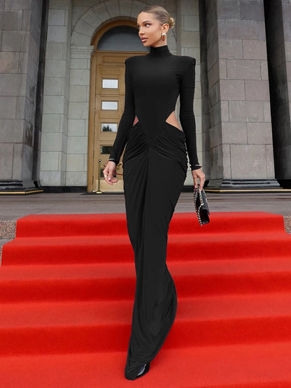 SiSterlinda Ruched Waistless Maxi Dress Women Sexy Shoulder Padded Patchwork Turtleneck Elegant Stretch Skinny Evening Bodycon