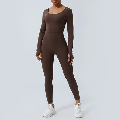 Women Fitness Jumpsuit Backless Long Sleeve Tights Yoga Set Running Training With Padded Sport Set - Kimlud