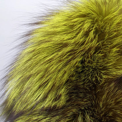 Women’s Genuine Real Fox Fur Patchwork Long Coat, Green‑Brown Color‑Block Wide Lapel Collar, Loose‑Fit Fluffy Luxury 260628