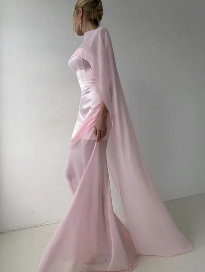 Pink Formal Dress with Cloak Backless Custom Made Sexy Prom Gowns See Through Chiffon Spaghetti New Couture Long Prom Dresses - Kimlud