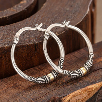 New Creative Retro Ethnic Pattern Double Color Stainless Steel Hoop Earrings for Women Trendy Personality Daily Wear Jewelry