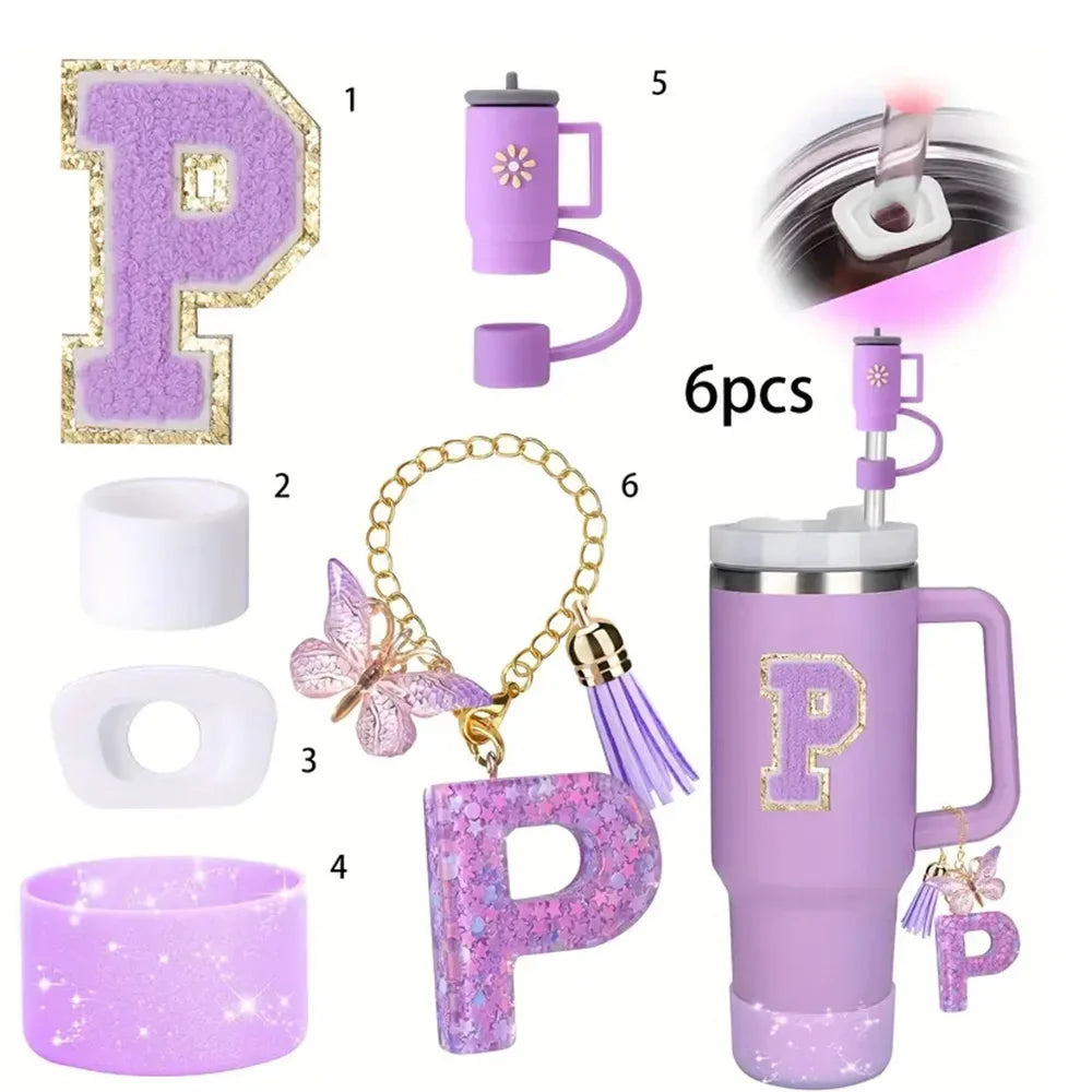 6 in 1 Cup Accessorie Set for Stanley Cup 40oz Tumbler Including Purple Silicone Straw Topper Boot Leak-proof Stopper Decoration
