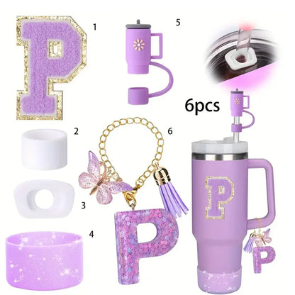 6 in 1 Cup Accessorie Set for Stanley Cup 40oz Tumbler Including Purple Silicone Straw Topper Boot Leak-proof Stopper Decoration