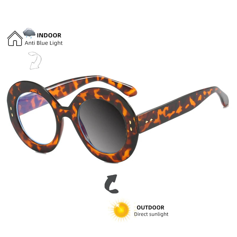 Retro Brand Design Round Thick Edge Leopard Large Femal Frame Photochromic Anti Blue Light Women Reading Glasses Degree 0~+600 - Kimlud