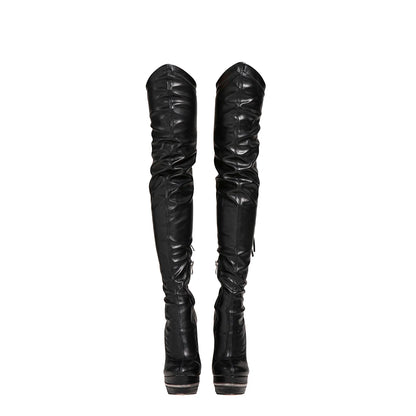 Sexy Women Elegant Pointed Toe Over The Knee High Boots Slim Stiletto Heels Platform Zipper Thigh High Party Evening Dress Shoes