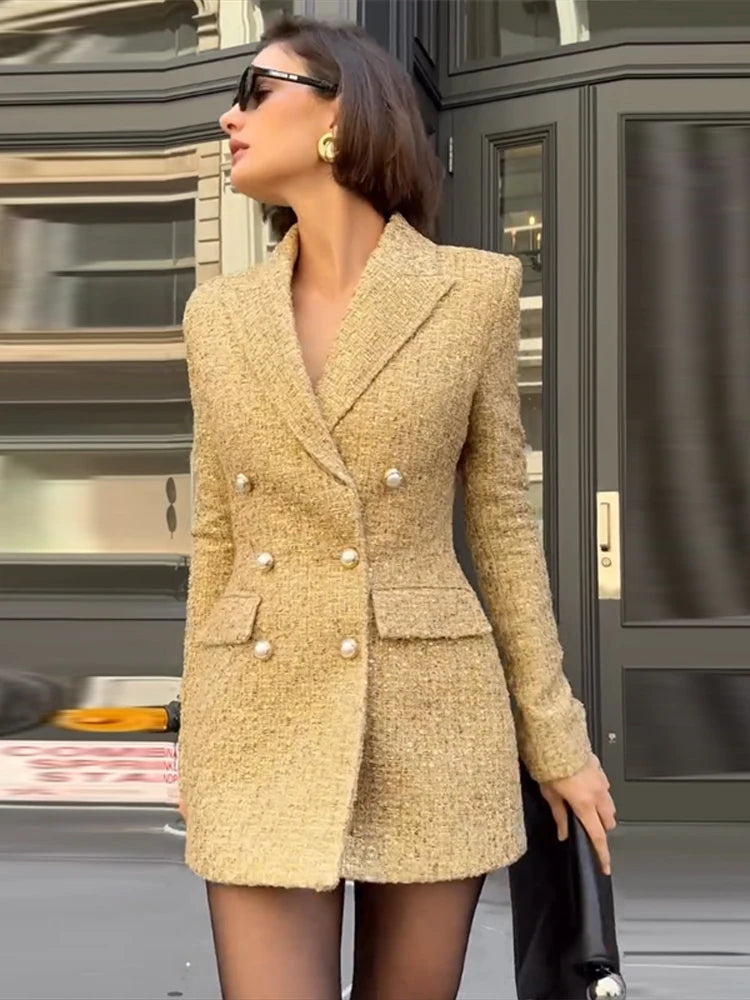 Elegant V-neck Sequin Blazer Women Double Breasted Full Sleeves Solid Slim Jackets Lady 2025 Autumn Formal Female Outwears New