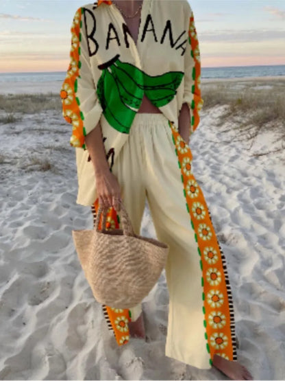 Casual Printed Two Piece Set Women Spring Summer New Fashion Comfort Holiday Button Long Sleeve Shirts And Wide Leg Pants 2 Sets