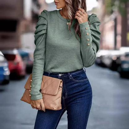Women New Spring Long Sleeve Blouse Fashion O Neck Puff Sleeve Solid Office Tops Female Casual Loose Shirts For Women Casual Top