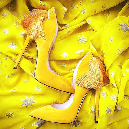 Purple Heel Tassel Suede Stiletto Feather Sandals Pointed Heels Women Hollow Pump Red Light Yellow Dance Fuchsia Cute...
