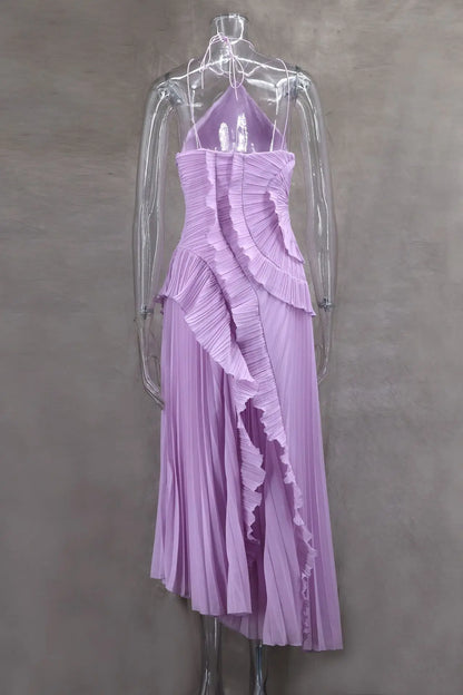 Folded Halter Chiffon Irregular Dresses Spring Women Sleeveless Wrap the Chest Long Dress Summer High Waist Knee Length Dress