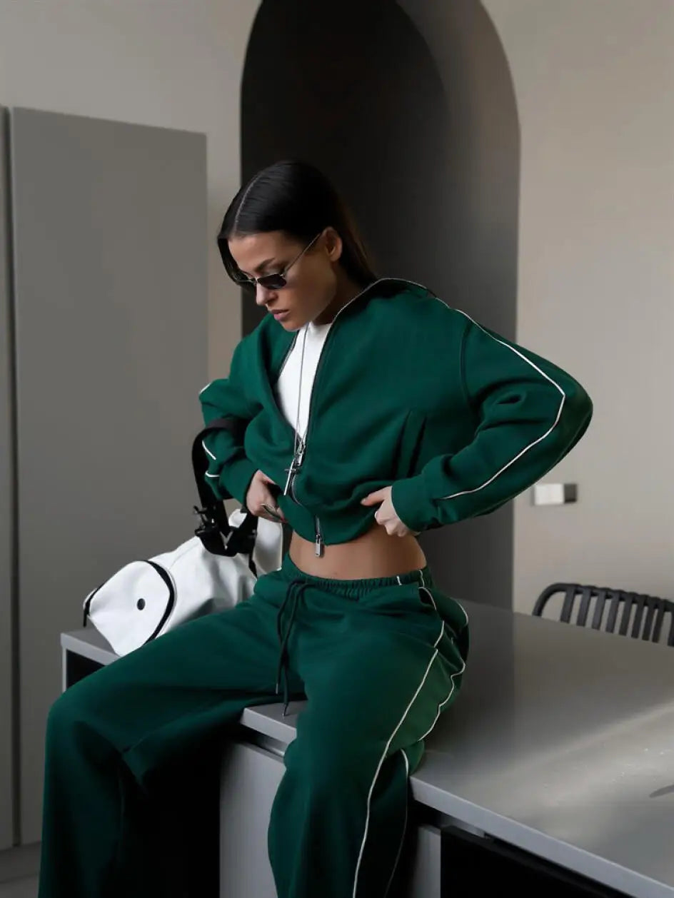 Casual Fashion Suit Ladies Zipper Cardigan Jacket Sports Tether Trousers Two-Piece Ladies Street Style Suit - Kimlud