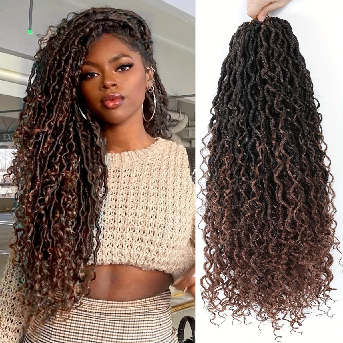 7 Packs Goddess Locs Crochet Hair, Boho River Locs with Curly Ends, Synthetic Faux Locs Braiding Hair Extensions for Women