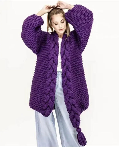 Hand-woven Split Wild Tassels Hook Twist Sweater Coat Crocheted Cardigan Autumn and Winter Thick Long Lantern Sleeve...