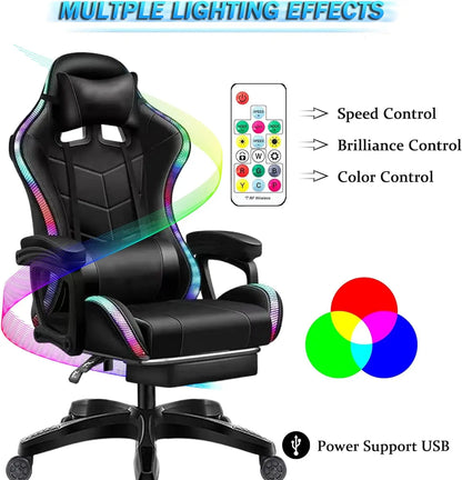 Gaming Chair with Speakers and RGB LED Light, 7 Points Massage Video Game Chair Adjustable with Headrest & Lumbar Support